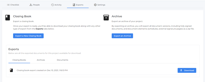 Once your export is ready, you’ll be able to download any type of export such as a closing book or a regular project archive from the Exports tabs.