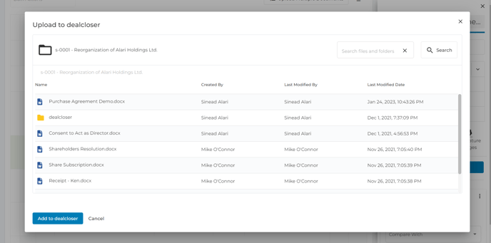 If you select " From NetDocuments", click the document you want to upload to dealcloser and click "Add to dealcloser".