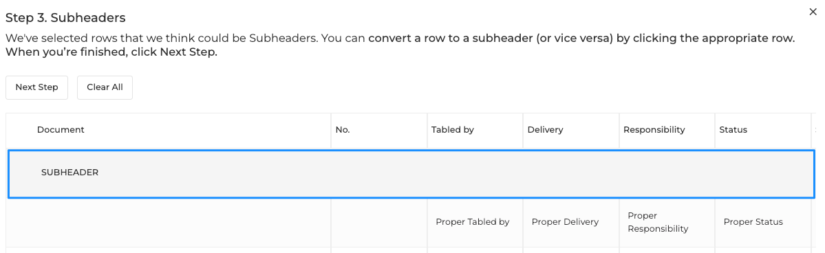 Dealcloser will automatically select the rows it considers to be potential subheaders.