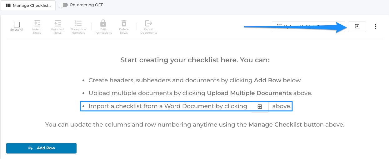 After creating a new project, click the icon shown at the top right of the checklist.