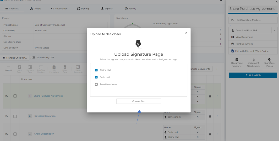 Click "Choose file" and select the signature page file.