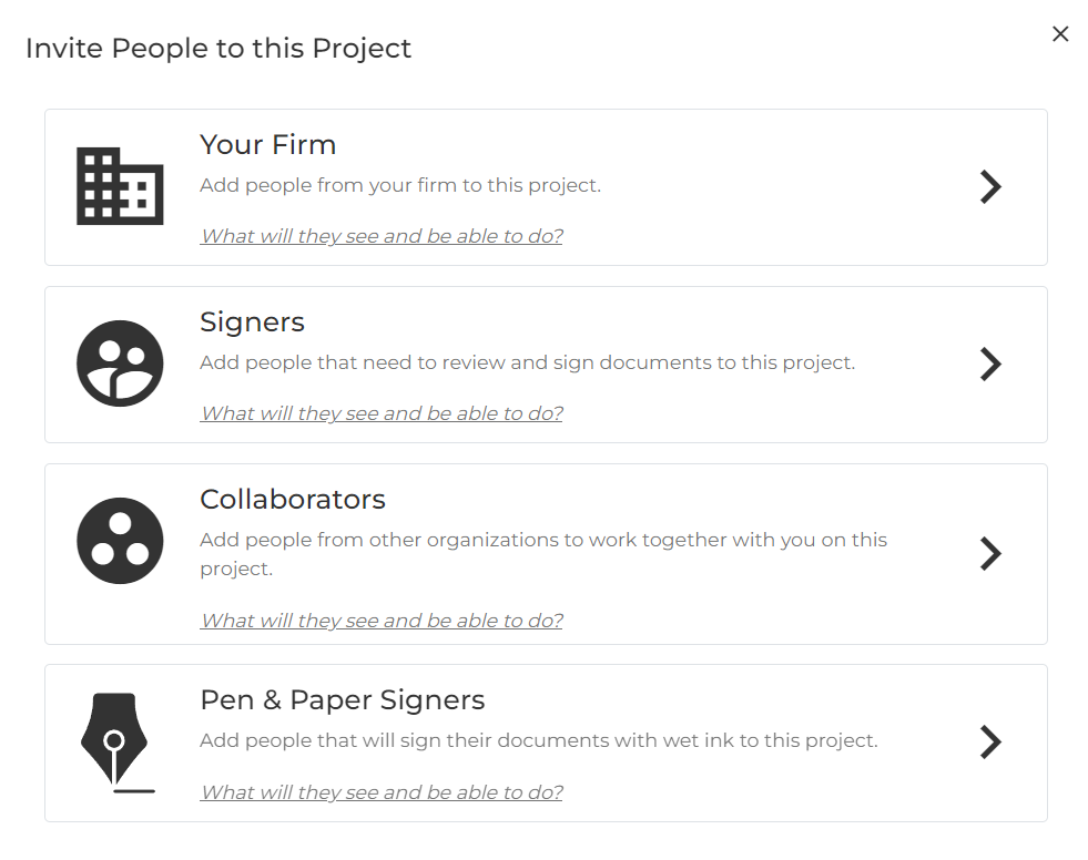 Choose between "Your Firm", "Signers", "Collaborators", and "Pen & Paper Signers"